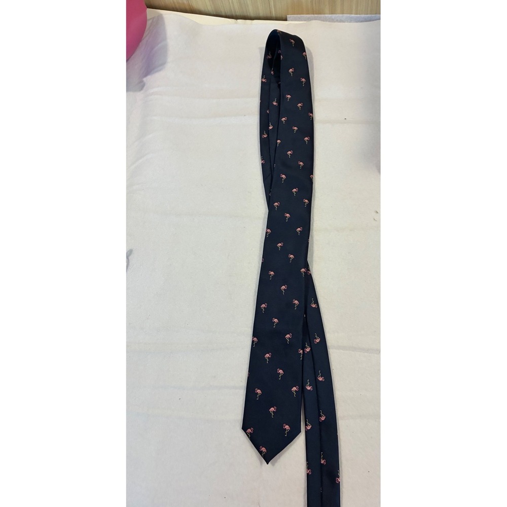 Merona Mens Navy Blue Pink Flamingo Pattern Necktie Classic Tropical Animal Tie